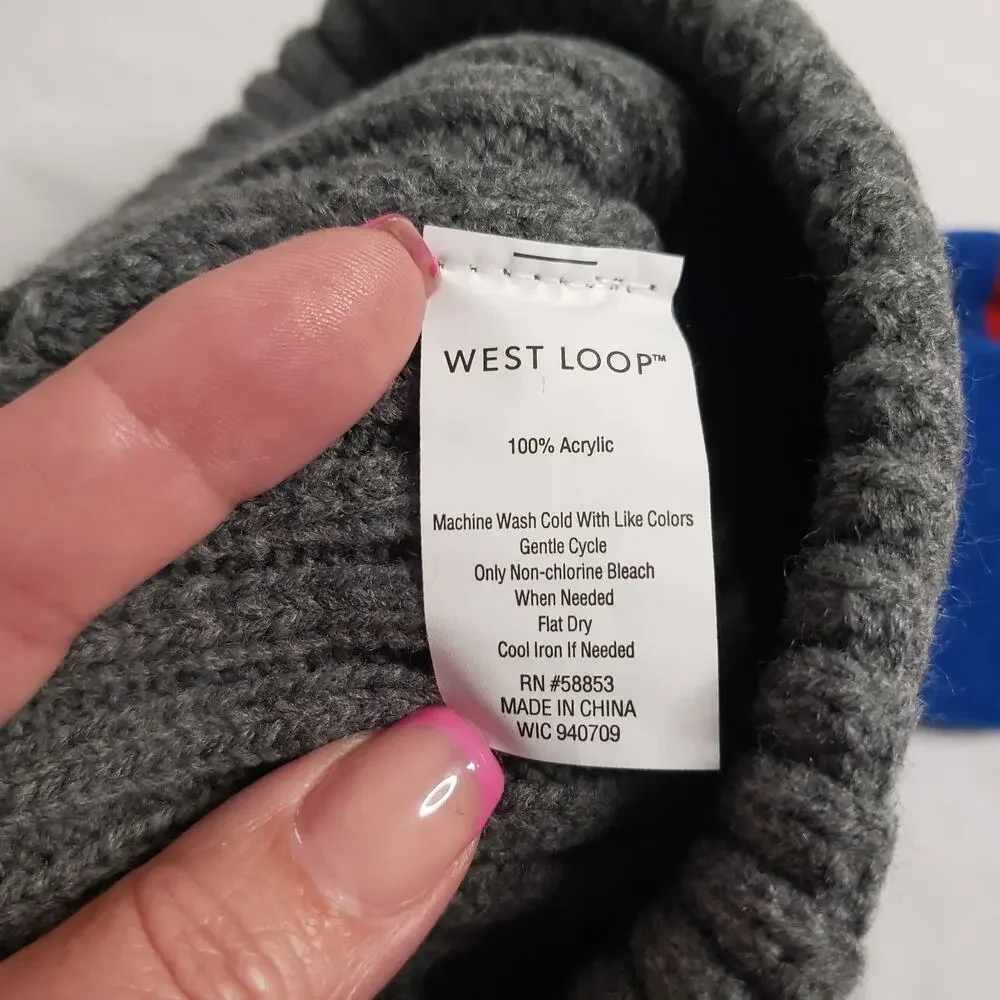 West Loop Kids One‎ Size Winter Hat & Glove Set Gray Blue Red Stripe Neutral New